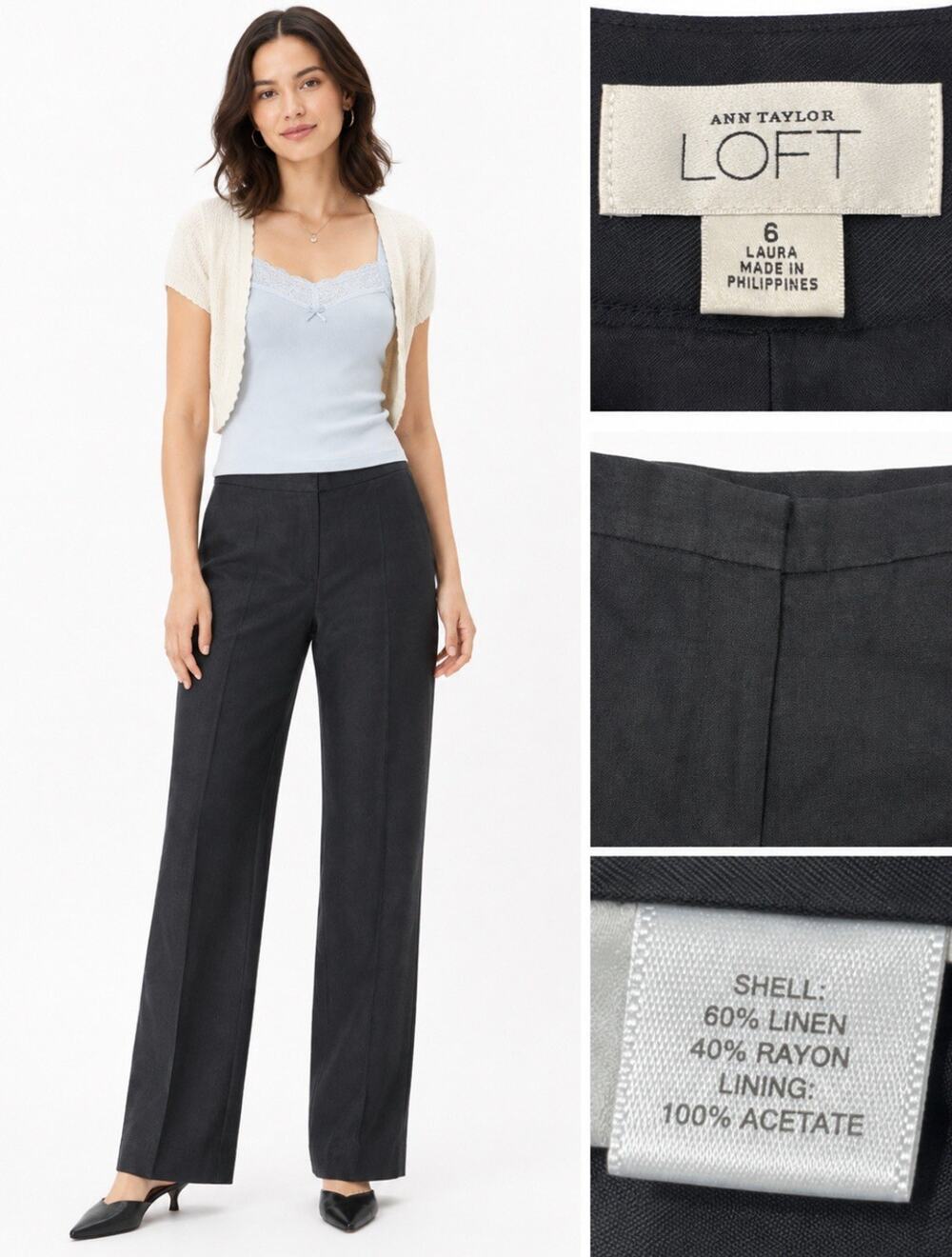 Classic Career Ann Taylor LOFT Women's Straight Leg Trousers Size 6 Black Linen